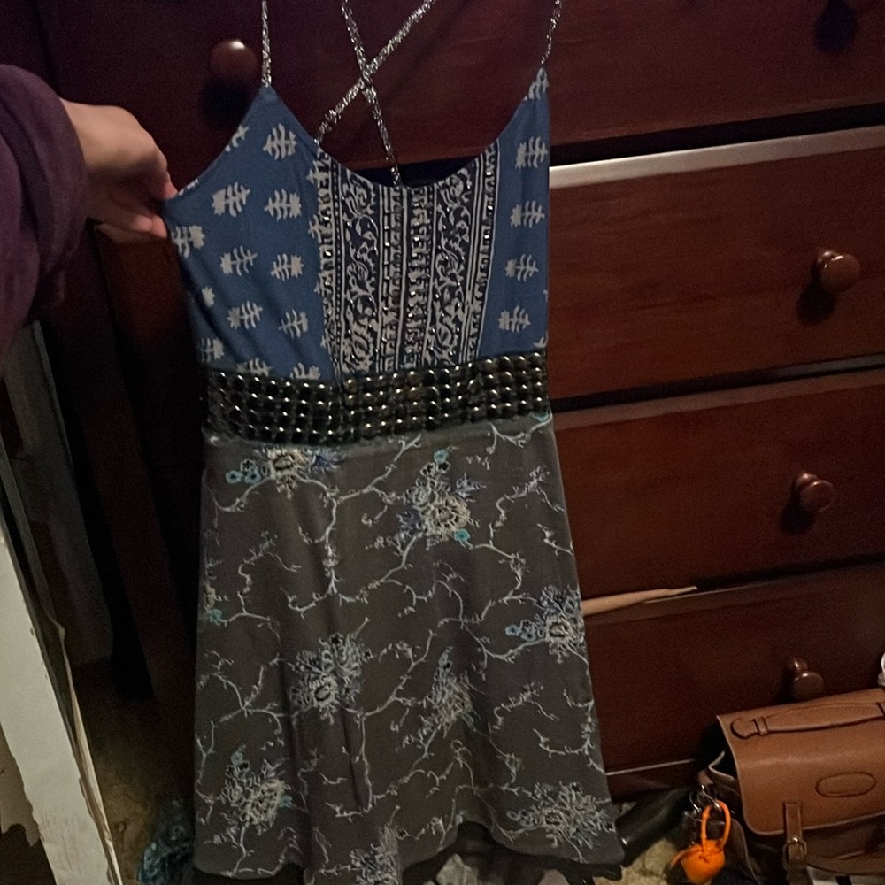 FREE PEOPLE BLUE & BLACK EMBELLISHED BOHO SUNDRESS